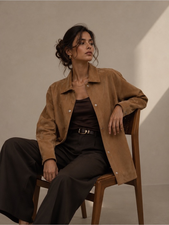 Wynne Layers Tops - Wynne Layers Stretch Faux Suede Shirt Jacket | Camel Tan | Size Large